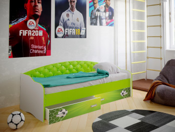 Кровать Софа-8 с мягкой спинкой фотопечать Футбол (900х1900) Белый/Лайм в Элитном - ehlitnyj.mebel54.com | фото